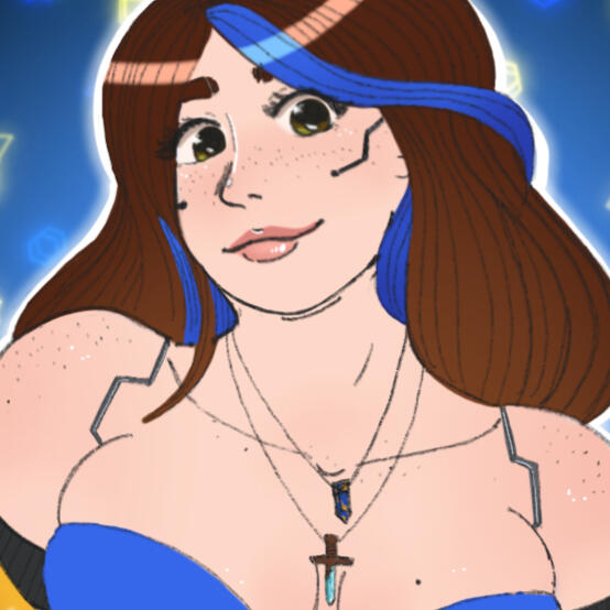 A drawing of the character None. She has brown hair with some blue highlights. She is at a slight angle and is looking down to the viewer with a smile on her face.